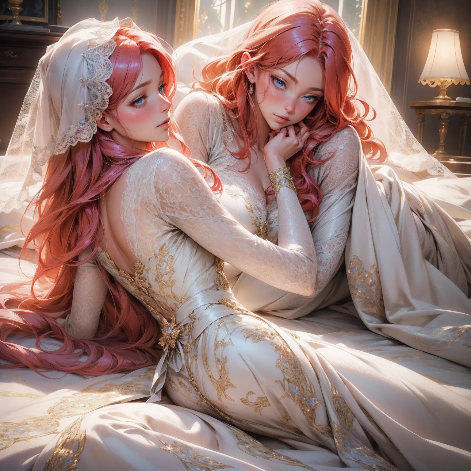 {-erro_de_anatomia:1.0}(best quality,4k,8k,highres,masterpiece:1.2), ultra-detailed, (realistic,photorealistic,photo-realistic:1.37), mature milf, illyasviel von einzbern, redhead hair, upper body, vibrant colors, glowing skin, mesmerizing eyes, elegant pose, enchanting background, delicate lace dress, surreal lighting, ethereal atmosphere, mystical aura, intricate details, artistic medium, digital illustration, fantasy, anime, laying on the floor, backwards, looking back