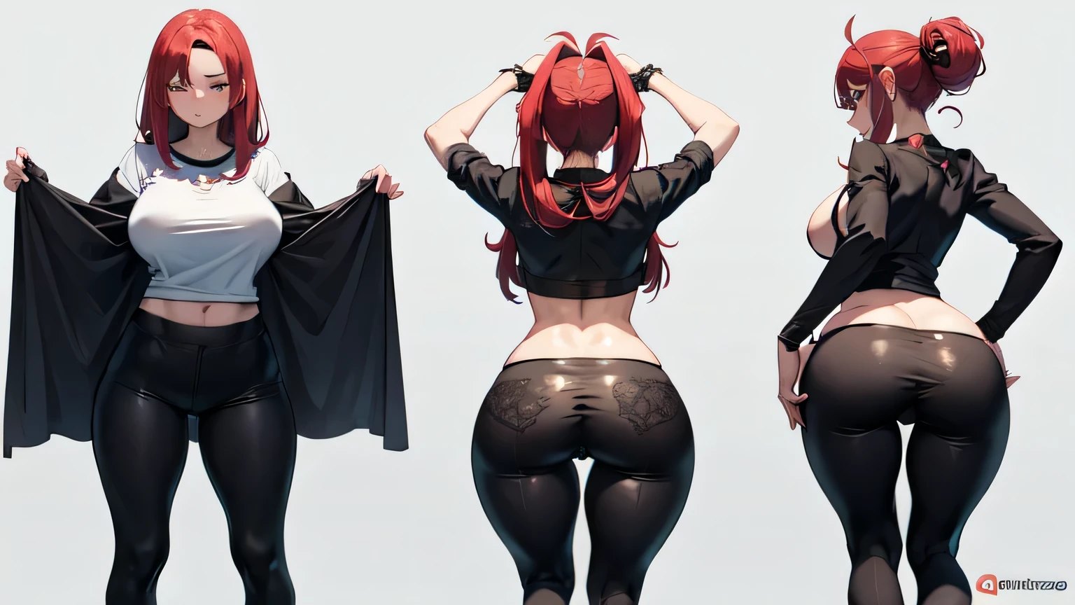 ((melhor qualidade)), ((obra de arte)), (detalhado), uma mulher adulta, olhando pro espectador, rosto perfeito, quadris largos e macios, focus on glutes, big, soft glutes, seios macios, seios lindos e marcados, back view, blusa banca, hidden hands, magra, shy, corada, em plano de fundo VAZIO, seios grandes, linda, duplo v, black pants, vergonha, perky glutes, cabelo curto, cabelo vermelho, olhar com vergonha, corada, sexy, sexy, garota de anime com bunda grande em shorts de couro preto e blusa preta, fofosexyrobutts, Oppai, curvando-se, Coxas grossas, Oppai, estilo de anime ecchi, detalhes finos. linha de frente das s, ecchi, Oppai proportions, (SFW)