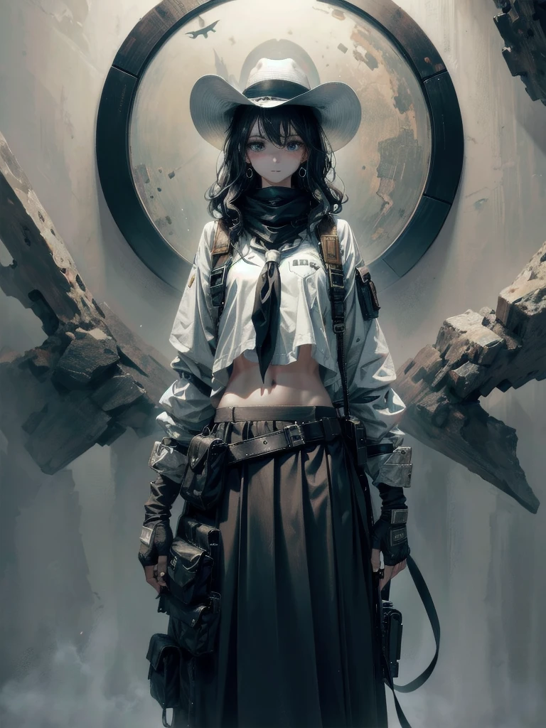 Sci-Fi fashion, high-tech Equipment, future, cowgirl costume, vest, cowboy hat, fingerless gloves, midriff, neckerchief, short skirt, holster, absurdres, RAW photo, extremely delicate and beautiful, masterpiece, Best Quality, ultra high resolution, 32k, hyperrealistic, ultra-detailed, detailed description, pale skin, 20 years old, tearful mole, earring, short medium hair, wavy hair, whole body shot,