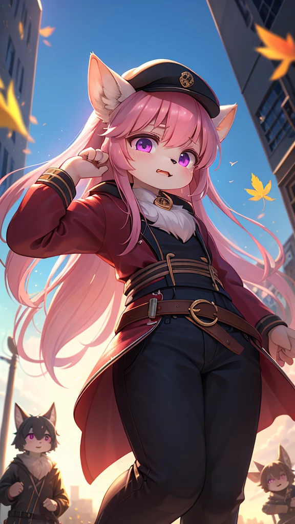 Unrealistic Perspective , dynamic angle , rule of thirds Layout , Bokeh , dynamic action , realistic hairy fur , round face , moist round eyes , Swollen cheeks , hair ties , Short stature , accidents , Happenings , sensational , front view , top view , back view , side view , from above , from below , Joy, anger, sorrow, and happiness , Pleasure , Pain , sit , standing , lying down , lying back , squad , (high jump , Fluttering in the wind , zoom blur:1.3) , Spring, Summer, Autumn, Winter , 4K, Realistic, Detailed, Super Eyes Details, Fashion clothes, Pink trench coat, French Beret, Black pants with belt, Long Hair, In the city, Pink Hair, Purple eyes, yae miko, Wearing trendy sunglasses,