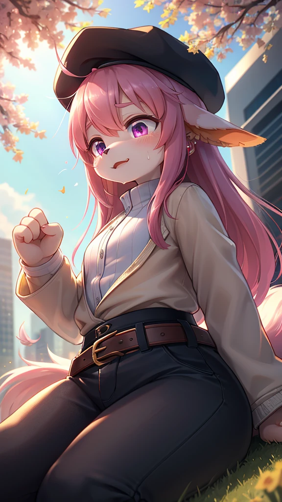 Unrealistic Perspective , dynamic angle , rule of thirds Layout , Bokeh , dynamic action , realistic hairy fur , round face , moist round eyes , Swollen cheeks , hair ties , Short stature , accidents , Happenings , sensational , front view , top view , back view , side view , from above , from below , Joy, anger, sorrow, and happiness , Pleasure , Pain , sit , standing , lying down , lying back , squad , (twist dance , Fluttering in the wind , zoom blur:1.3) , Spring, Summer, Autumn, Winter , 4K, Realistic, Detailed, Super Eyes Details, Fashion clothes, Pink trench coat, French Beret, Black pants with belt, Long Hair, In the city, Pink Hair, Purple eyes, yae miko, Wearing trendy sunglasses,