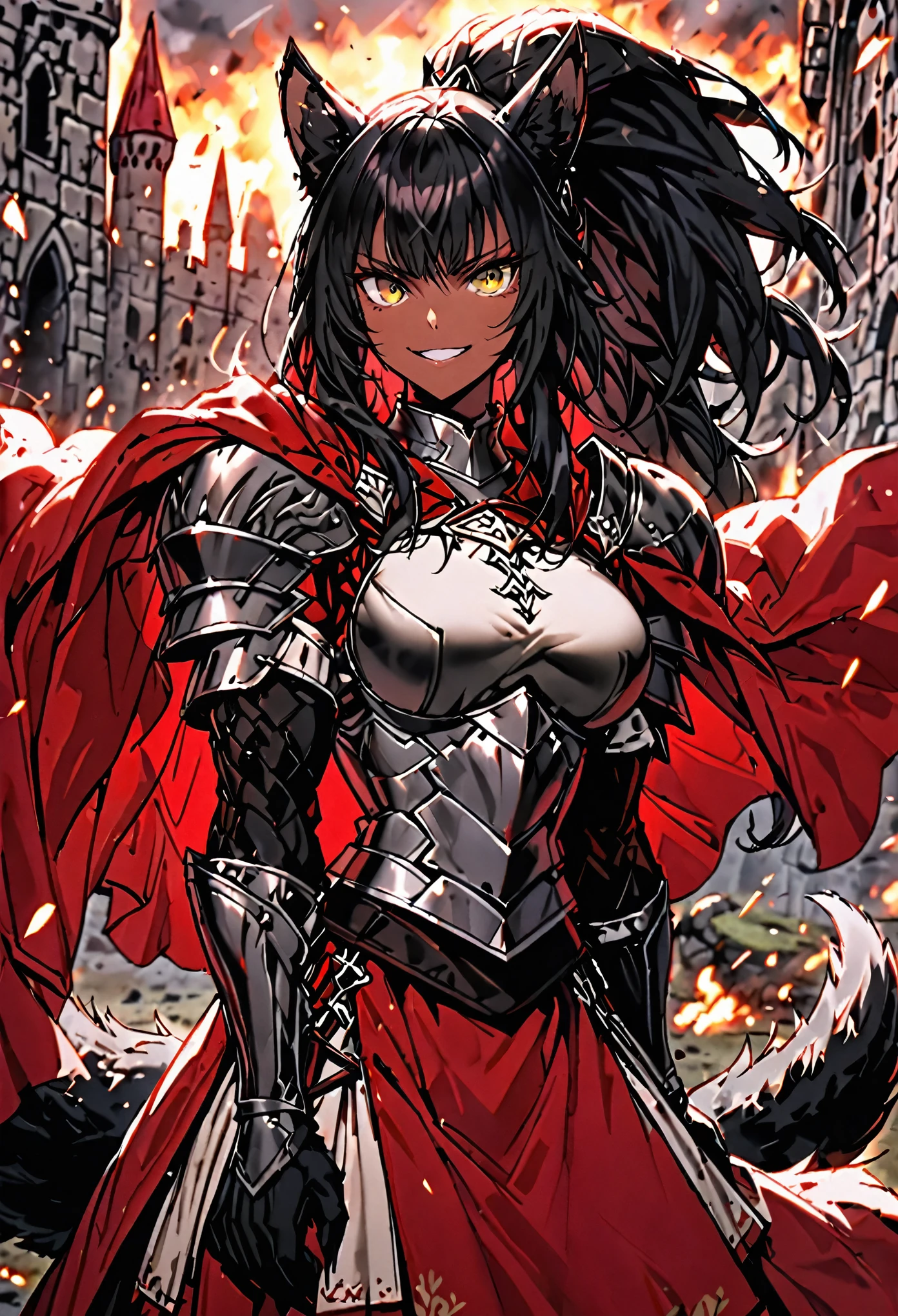 solo, female, sfw, medium shot, strong, dark skin, long messy hair, black hair, high ponytail, hazel eyes, black lynx ears, black lynx tail, muscular, regal armor, large breasts, competitive smile, animal hands:0.9, furred forearms, red cape, battlefield, medieval, red roman skirt