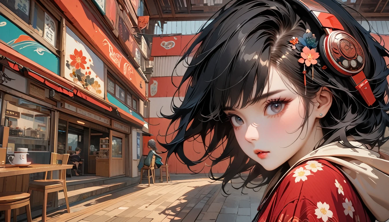 (((8k, Masterpiece, high resolution, highest quality, highest quality real texture skin))), ((wearing Japanese pattern headphones)), (Beautiful Japanese woman with a very well-shaped face, height 155cm, beautiful glossy lips, whole body, hoodie), (Covers the hood, fold your arms: 1.5, Japanese style shorts), (Outer box: 1.2, Japanese pattern hoodie, super mini shorts), (black hair, messy hair, beige skin), ((background design, Japanese cafe)), (surreal, digital painting)