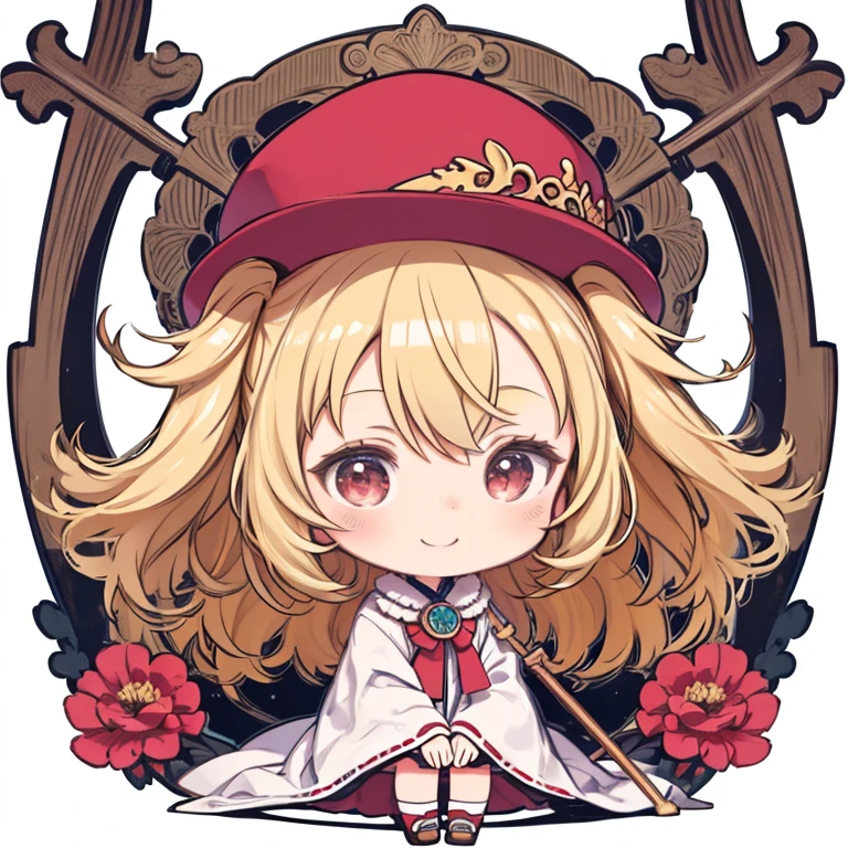 masterpiece、highest quality、High resolution、Very detailed、Medium wide shot、((Flat Color))、Chibi Character、Nendoroid、Girl、Berry Short、Blonde、Messy hair、Red Eyes、Fantasy、Simple white clothing、Large brooch、Cane、Brown robes、Wizard、Watching the audience、smile、