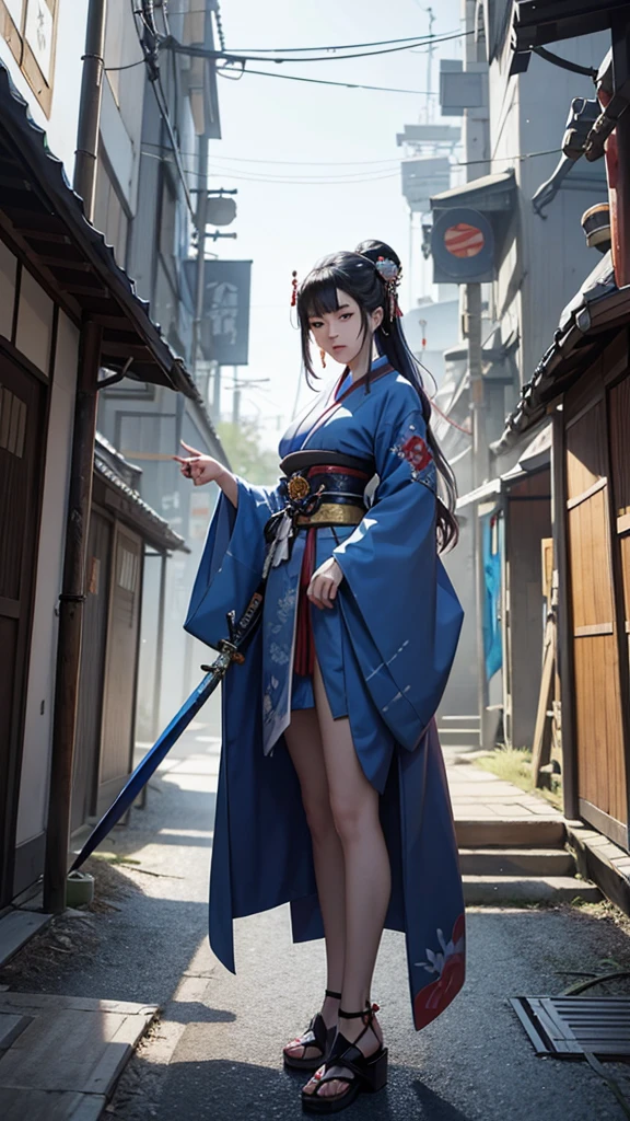 a painting of a woman in a blue kimono holding a sword in her knees, beautiful character painting, japanese goddess, feudal japan art, very beautiful cyberpunk samurai, by Yang J, female samurai, traditional japanese concept art, japanese art style, japanese fantasy, cyberpunk geisha, detailed painting 4 k, inspired by Kanō Hōgai, detailed anime artwork, anime fantasy artwork
