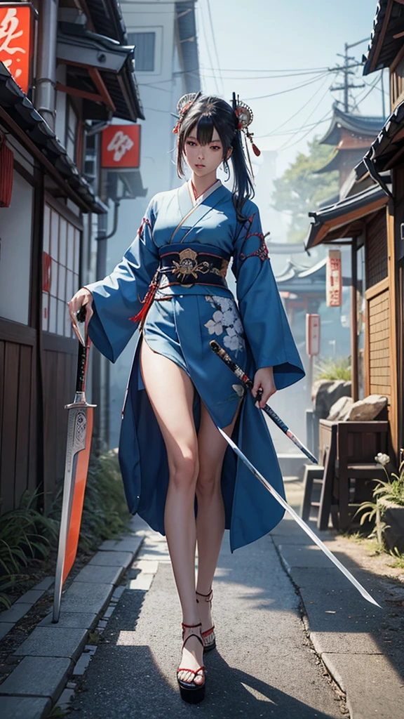 a painting of a woman in a blue kimono holding a sword in her knees, beautiful character painting, japanese goddess, feudal japan art, very beautiful cyberpunk samurai, by Yang J, female samurai, traditional japanese concept art, japanese art style, japanese fantasy, cyberpunk geisha, detailed painting 4 k, inspired by Kanō Hōgai, detailed anime artwork, anime fantasy artwork