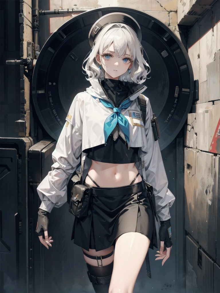 Sci-Fi fashion, high-tech Equipment, future, cowgirl costume, vest, cowboy hat, fingerless gloves, midriff, neckerchief, short skirt, holster, absurdres, RAW photo, extremely delicate and beautiful, masterpiece, Best Quality, ultra high resolution, 32k, hyperrealistic, ultra-detailed, detailed description, pale skin, 20 years old, tearful mole, earring, short medium hair, wavy hair, whole body shot,