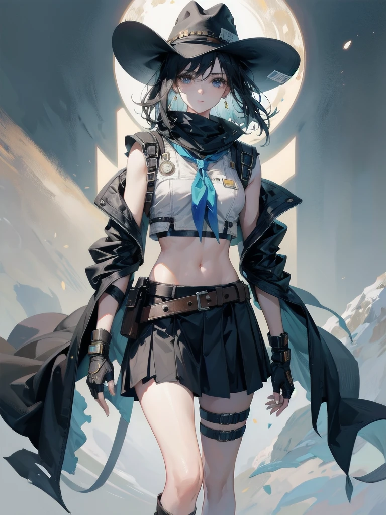 Sci-Fi fashion, high-tech Equipment, future, cowgirl costume, vest, cowboy hat, fingerless gloves, midriff, neckerchief, short skirt, holster, absurdres, RAW photo, extremely delicate and beautiful, masterpiece, Best Quality, ultra high resolution, 32k, hyperrealistic, ultra-detailed, detailed description, pale skin, 20 years old, tearful mole, earring, short medium hair, wavy hair, whole body shot,
