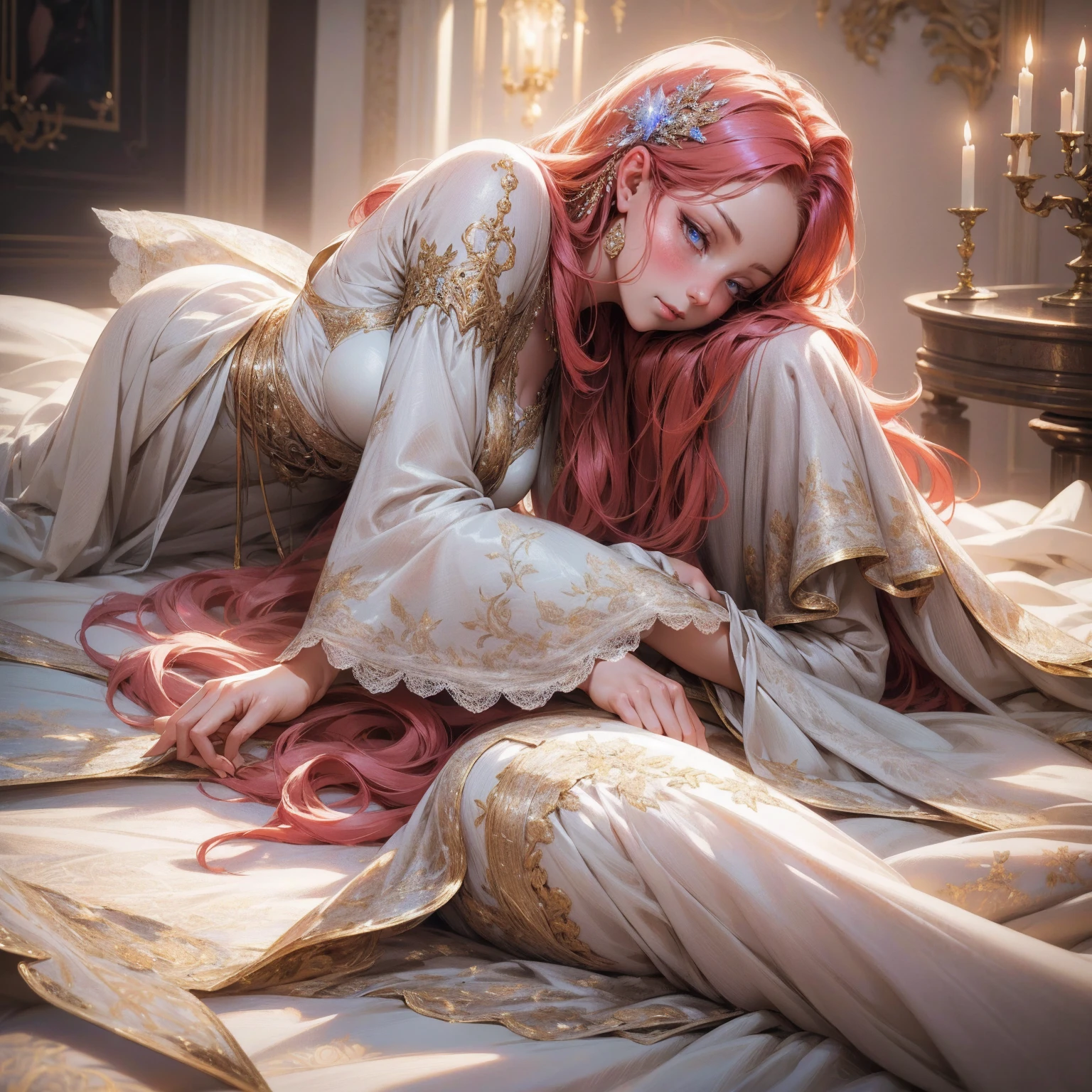{-erro_de_anatomia:1.0}(best quality,4k,8k,highres,masterpiece:1.2), ultra-detailed, (realistic,photorealistic,photo-realistic:1.37), mature milf, illyasviel von einzbern, redhead hair, upper body, vibrant colors, glowing skin, mesmerizing eyes, elegant pose, enchanting background, delicate lace dress, surreal lighting, ethereal atmosphere, mystical aura, intricate details, artistic medium, digital illustration, fantasy, anime, laying on the floor, backwards, looking back