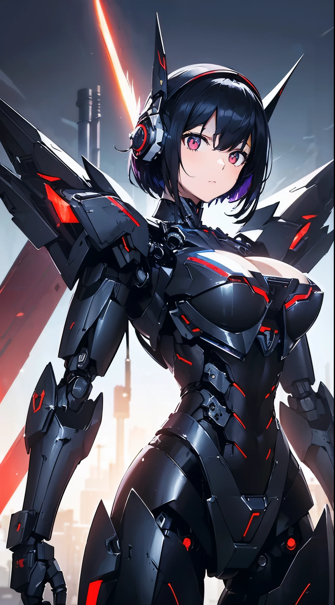 ((Highest quality))、((masterpiece))、(detailed)、((Anatomically correct))、One Woman、aldult、(look at me)、whole body、Angle from the front、(Ultra-glossy skin with attention to detail:1.1)、Glowing Skin、bangs、Short Hair、Beautiful black hair、(Beautiful Eyes:1.3)、Slim figure、medium breasts、Cleavage、Red and black equipment、headgear、Arm Armor、Mechanical wings from the back、Blue core in center of chest、Holding a futuristic gun、Future City、battlefield
