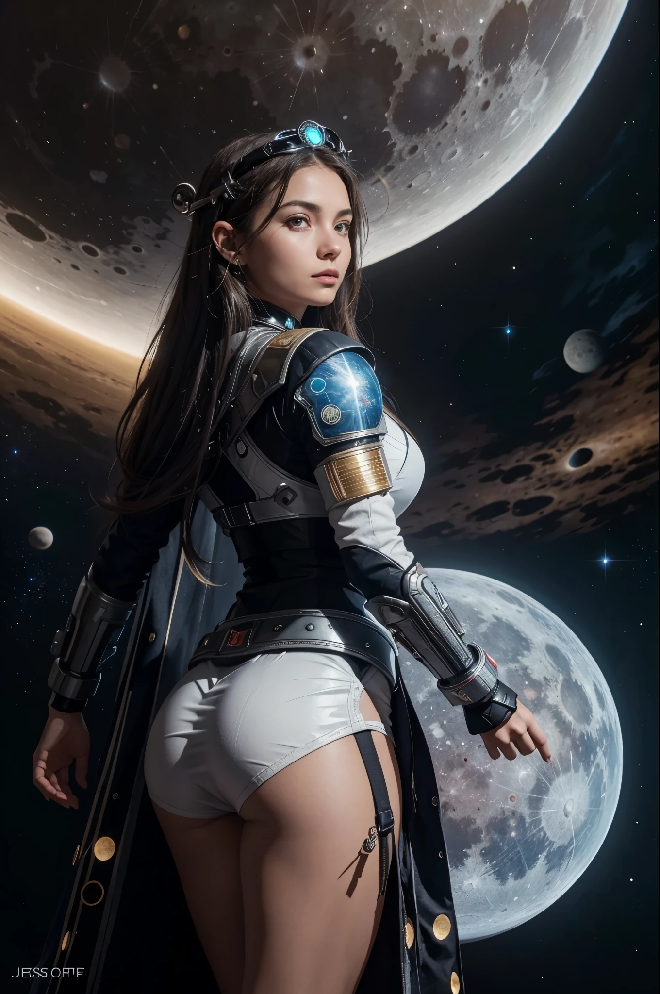 22 years old Italian woman, ((full body)), ((nude)), ((heavily armored space commander)), beautiful chest, standing with her legs spread apart, in the space ship at deep space far from the galaxy, no planet and no moon around there, fighting the huge alien space ship, milky way outside of the ship, zoom in from below