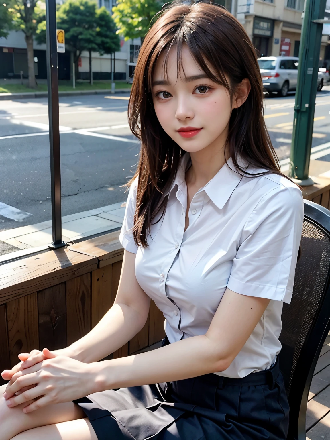 (8k, RAW Photos, highest quality, masterpiece:1.2), (Realistic, photo-Realistic:1.37), Super detailed,
1 girl,cute, alone,Beautifully detailed skies,Detailed cafe,outside、Sunlight、Sitting,Date、(smile:1.1),(Mouth closed),Natural Breasts、seductive smile, Wide opening, Professional Lighting, Sony A7R4, Zesse 50mm F1.8,
Medium chest,Beautiful fine details,(Collared shirt:1.1), Pleated skirt,(Brown long hair、See-through bangs:1.2)