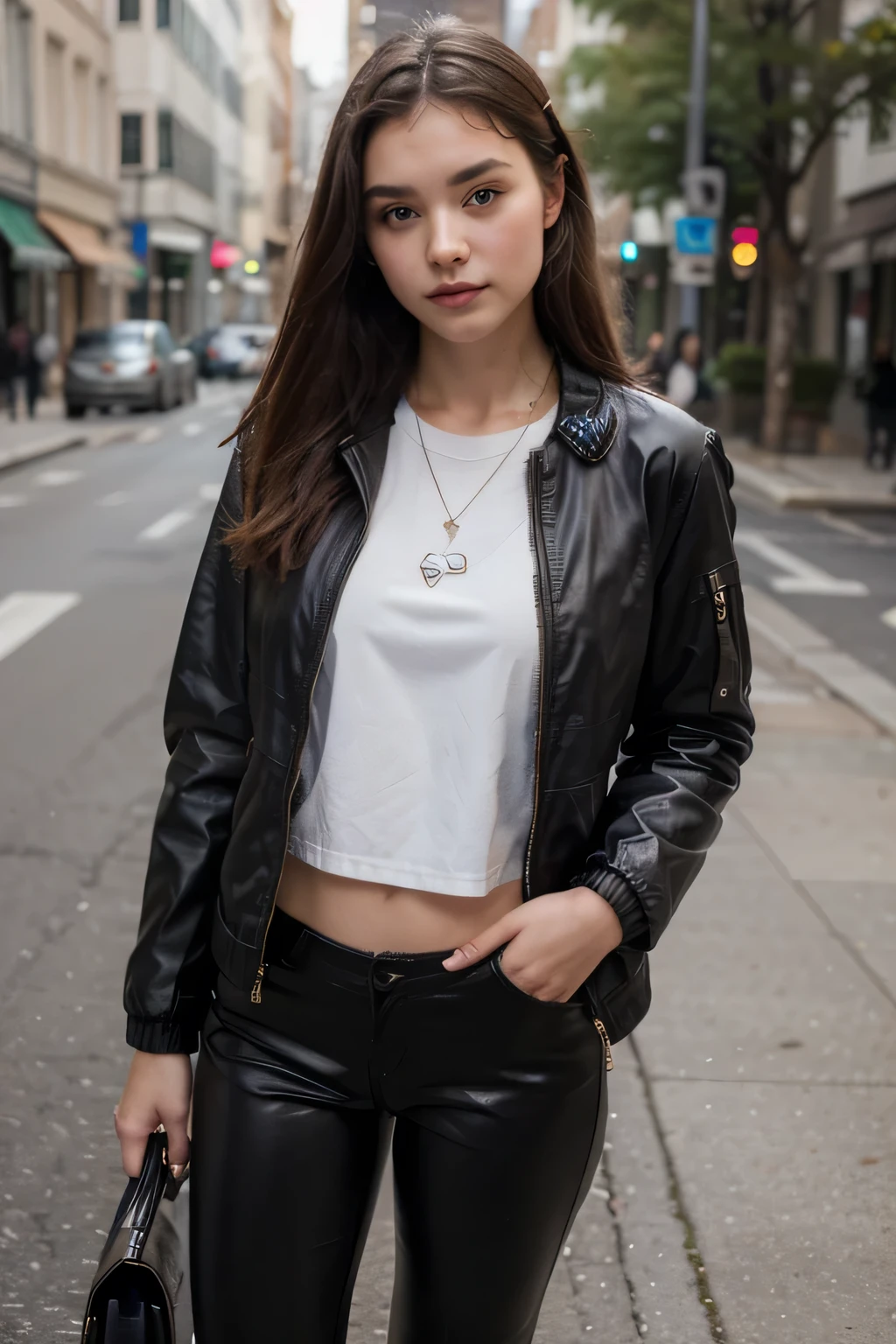 ((best quality)), ((masterpiece)), (detailed), perfect face,Beautiful girl of 16 years old dressed in leather style pants and down short jacket,full body,Camera on the side