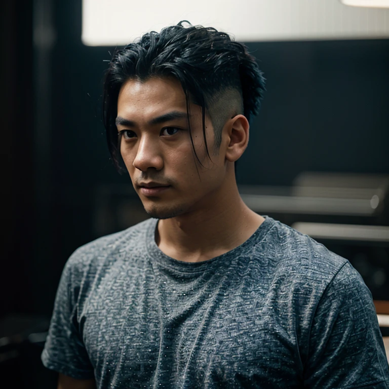 Young Asian man, 35 years old, Mohawk hair,) , Looking straight at you intently, alone, At night, The night sky is bright and the light is warm.,) wide aperture, professional lighting, Sony A7R4, 50mm sessile lens., ,(dark blue t-shirt,) Warm light, shot with a high quality camera 45,000,000,000,Pixels, realistic light colors,