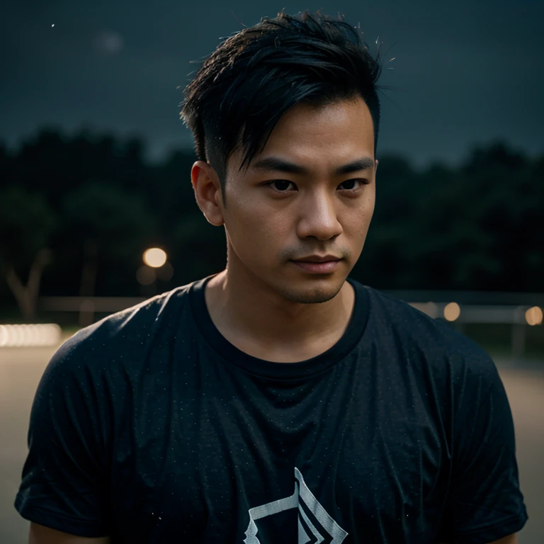 Young Asian man, 35 years old, Mohawk hair,) , Looking straight at you intently, alone, At night, The night sky is bright and the light is warm.,) wide aperture, professional lighting, Sony A7R4, 50mm sessile lens., ,(dark blue t-shirt,) Warm light, shot with a high quality camera 45,000,000,000,Pixels, realistic light colors,