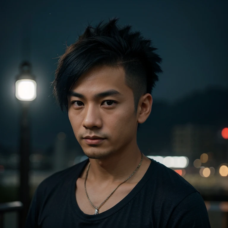 Young Asian man, 35 years old, Mohawk hair,) , Looking straight at you intently, alone, At night, The night sky is bright and the light is warm.,) wide aperture, professional lighting, Sony A7R4, 50mm sessile lens., ,(dark blue t-shirt,) Warm light, shot with a high quality camera 45,000,000,000,Pixels, realistic light colors,