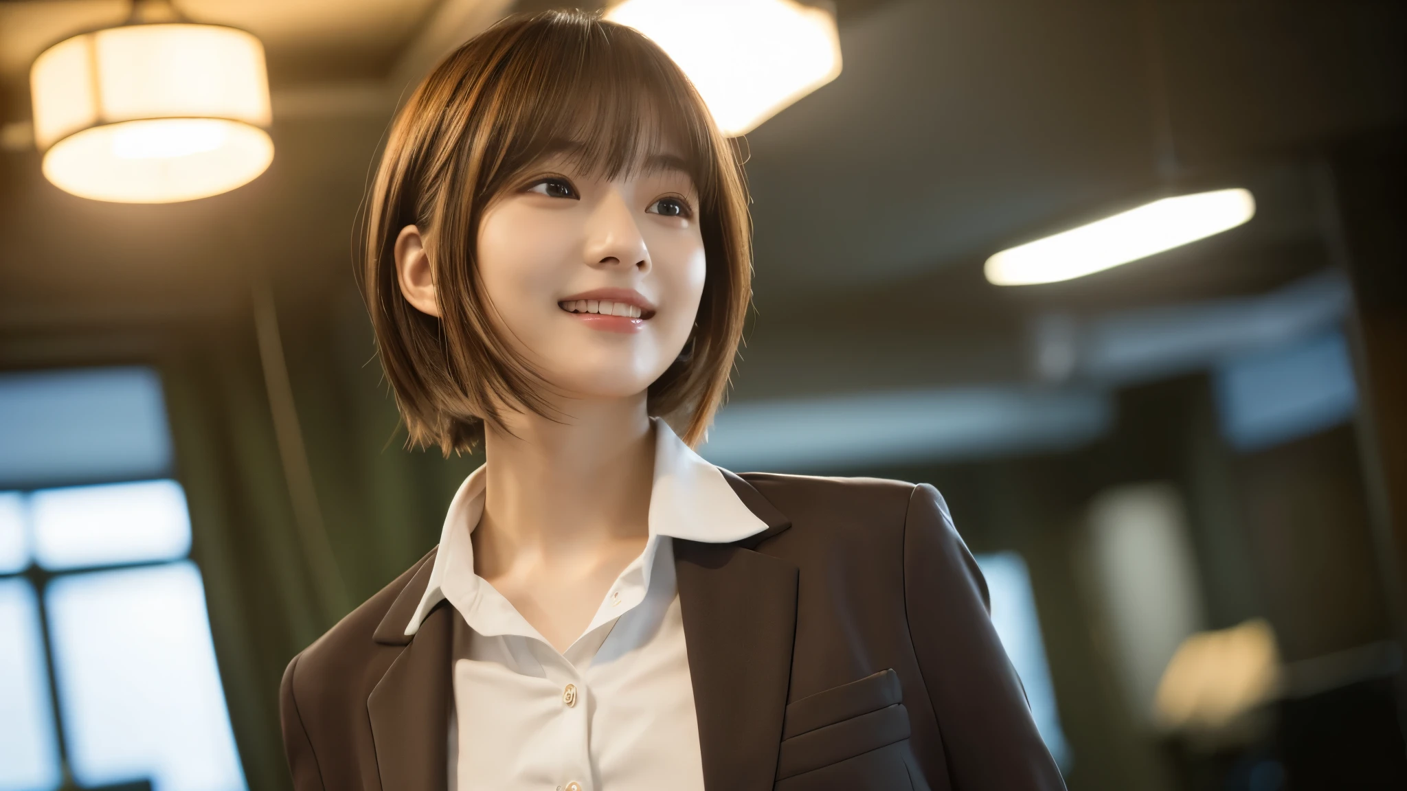 1 Japanese girl,(business suit:1.4), (RAW Photos, highest quality), (Realistic, Photorealistic:1.4), Tabletop, Very delicate and beautiful, Very detailed, wonderful, In detail, Very detailedなCG Unity, High resolution, Soft Light, Beautiful and detailed 22 year old girl, Very detailedな目と顔, Beautifully detailed nose, Beautiful fine details,Cinema Lighting,Bright office,Perfect Anatomy,Slender body,smile  (My hair is messy, Asymmetrical bangs, Light brown hair,)