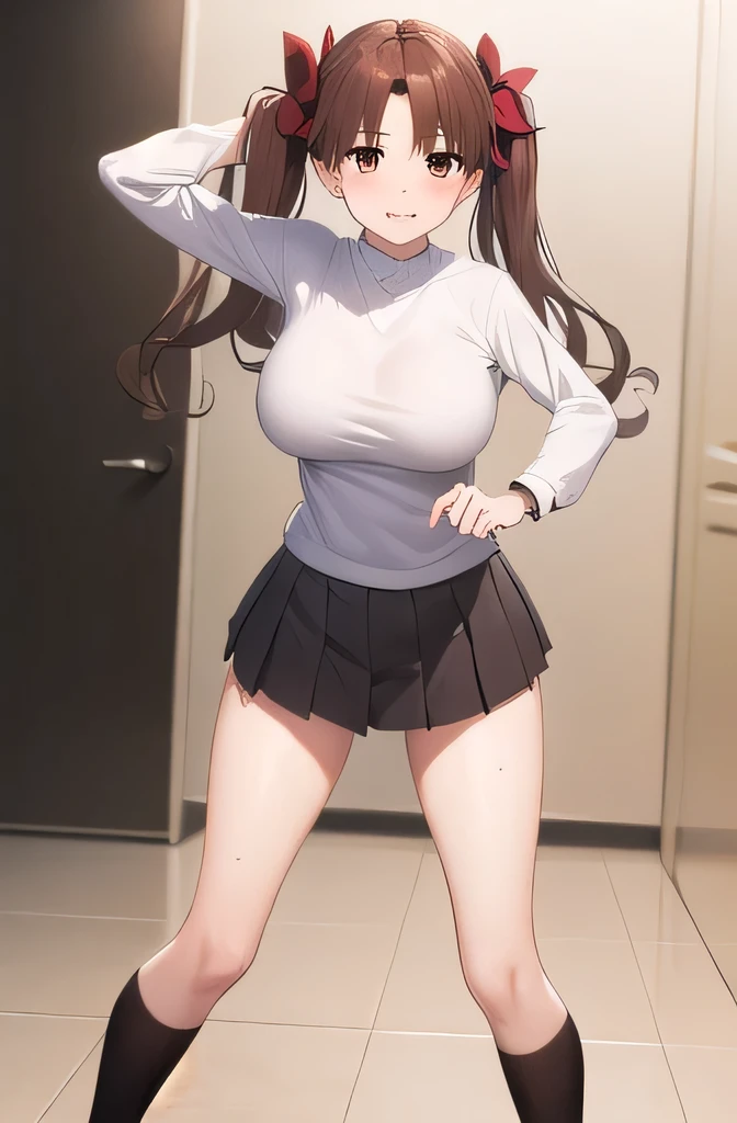 kurokoshirai, kuroko shirai, brown hair, long hair, (parted bangs:1.5), (brown eyes:1.7), Ringlet, twin tails, hair bow, bow, red bow, (big breasts:1.5),
break、Red long sleeve shirt:1.3、Very short black pleated skirt、Thin black knee socks,  twin tails、
break looking at viewer, whole body,
Break in my dorm room、
break (masterpiece:1.2), highest quality, High resolution, unity 8k wallpaper, (shape:0.8), (fine and beautiful eyes:1.6), highly detailed face, perfect lighting, Very detailed CG, (perfect hands, perfect anatomy),blush:1.3、sweat on face:1.5、Standing still、Grinning mouth、Sweaty、Full body portrait、Hollow Eyes