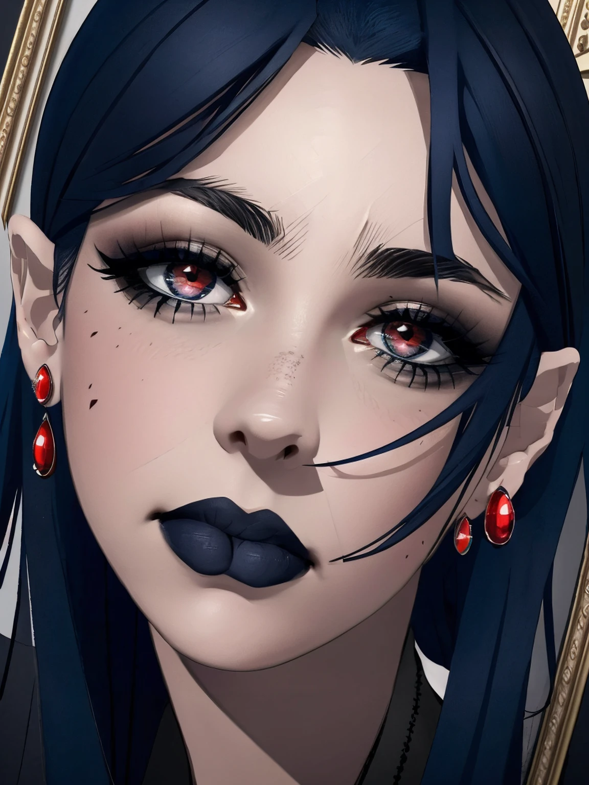 (best quality), (masterpiece), (detailed), (realistic), ((the whole body is in the frame)), (looks at the viewer), 1 girl, (dark blue hair, black lipstick, red eyes, black narrow pupils, red drop earrings, thick long eyelashes), black tight skirt, black blouse, black shoes, black tights, a mole on the left cheek from below, (agata:1.5) ,