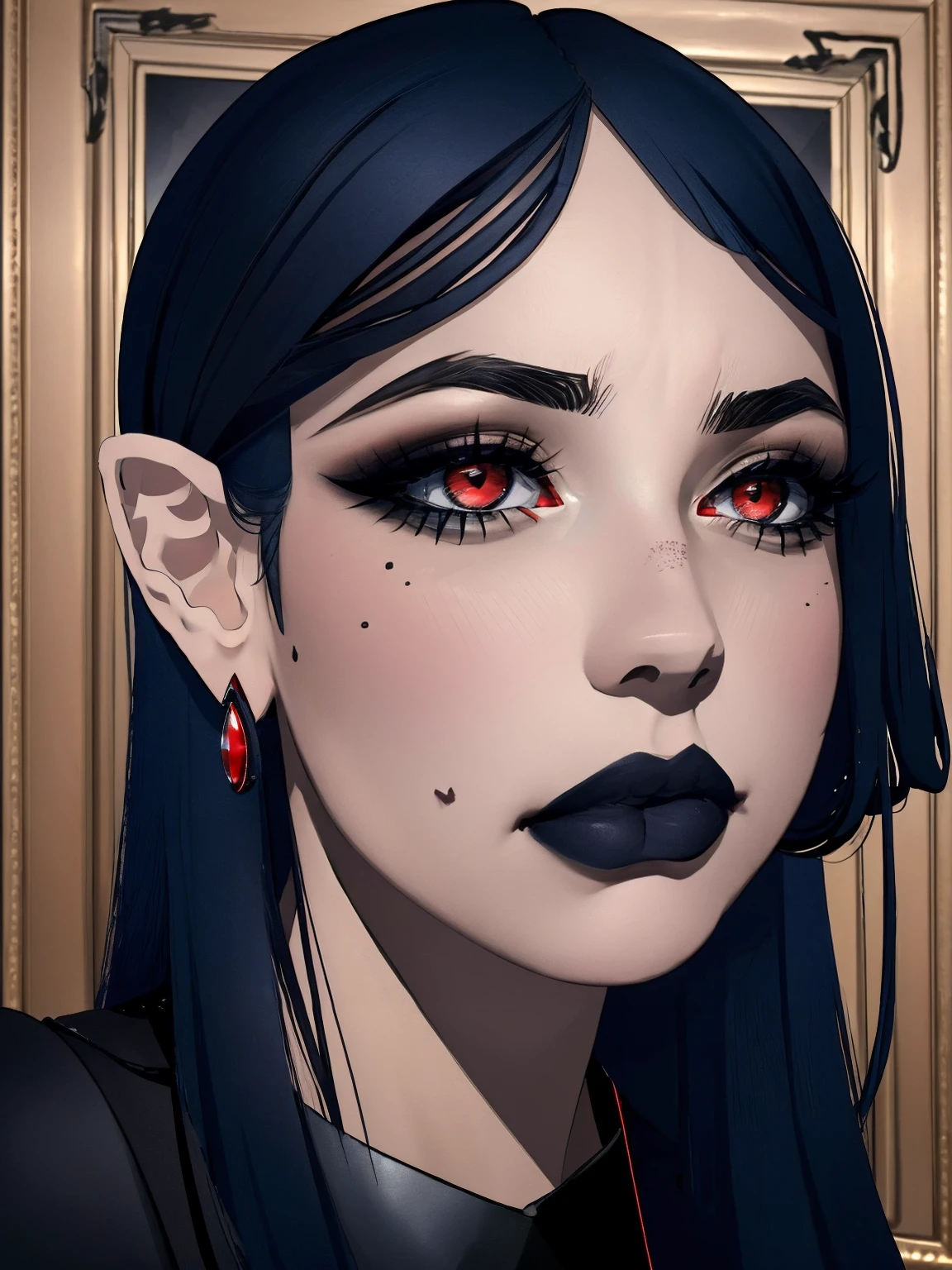 (best quality), (masterpiece), (detailed), (realistic), ((the whole body is in the frame)), (looks at the viewer), 1 girl, (dark blue hair, black lipstick, red eyes, black narrow pupils, red drop earrings, thick long eyelashes), black tight skirt, black blouse, black shoes, black tights, a mole on the left cheek from below, (agata:1.5) ,