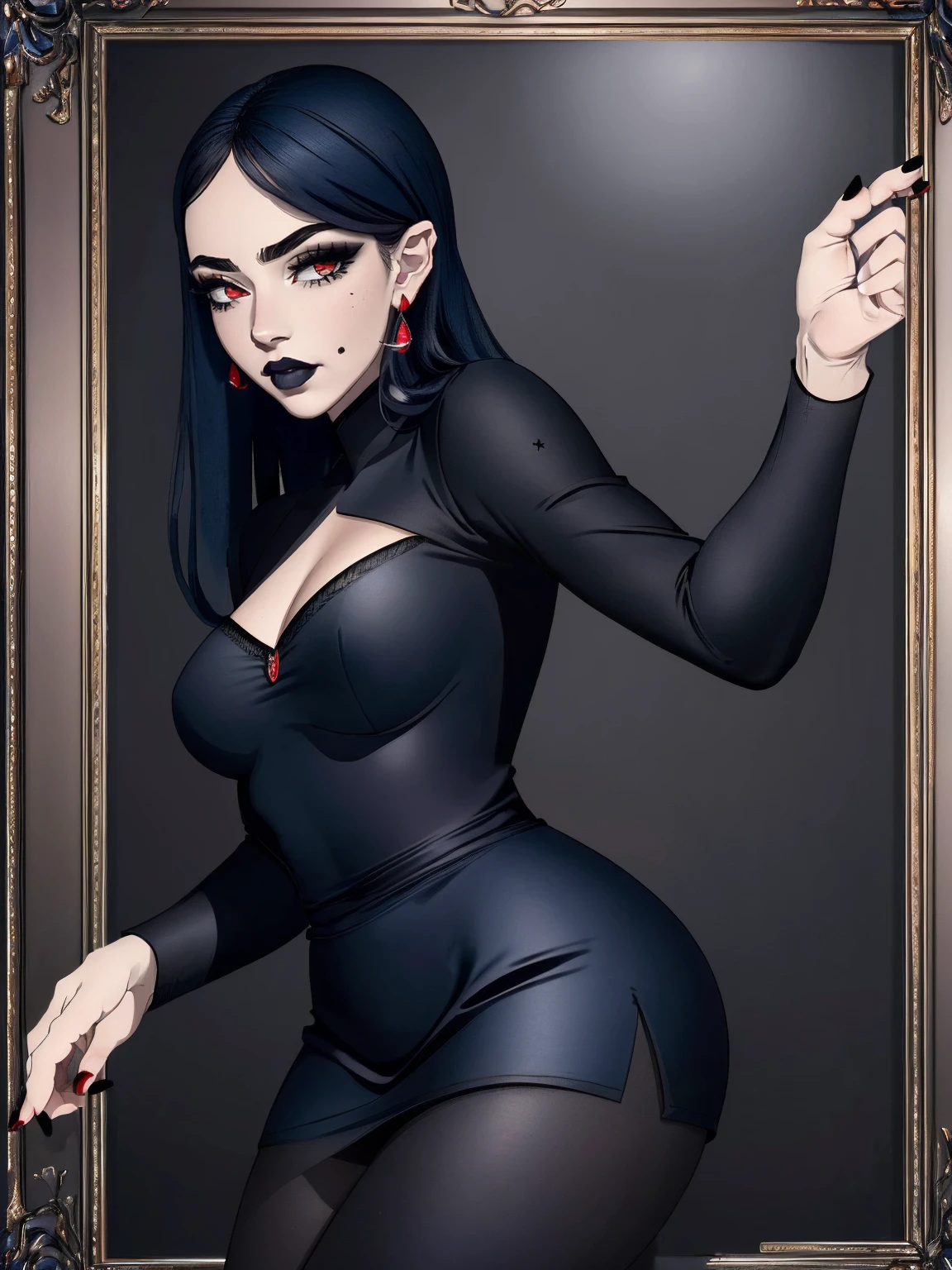 (best quality), (masterpiece), (detailed), (realistic), ((the whole body is in the frame)), (looks at the viewer), 1 girl, (dark blue hair, black lipstick, red eyes, black narrow pupils, red drop earrings, thick long eyelashes), black tight skirt, black blouse, black shoes, black tights, a mole on the left cheek from below, (agata:1.5) , 