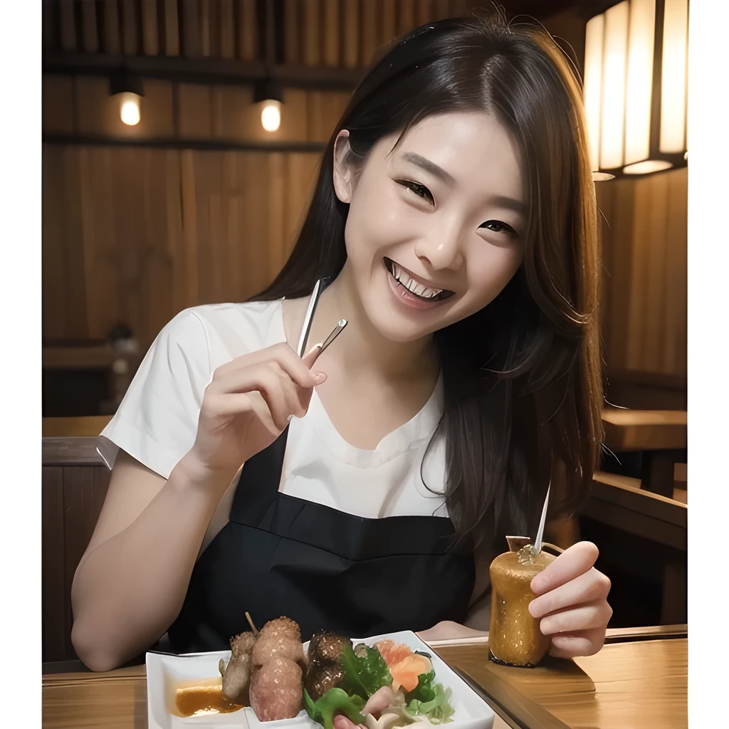 TOP quality,8K, masterpiece, (realistic:1.2), (1girl, yakitori:1.2), (laugh:1.3), (restaurant:1.3),
