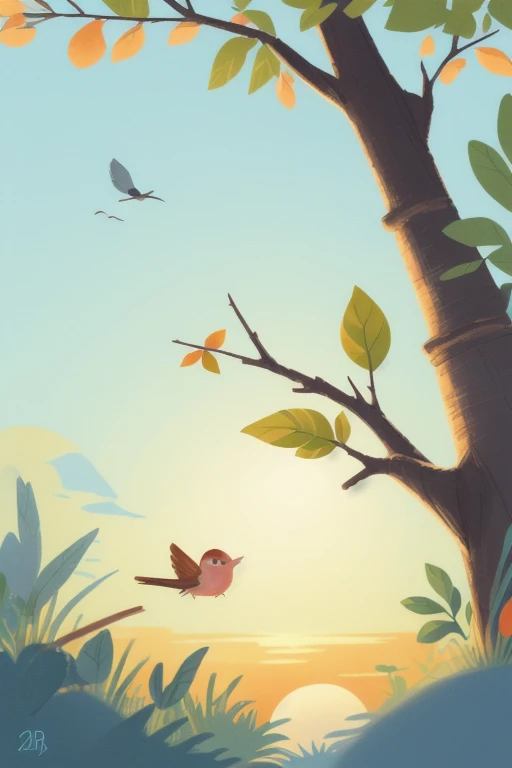 In the landscape where the morning sun rises、A small bird chirping on a branch。In the background is a blue sky and a faint orange sunrise.。