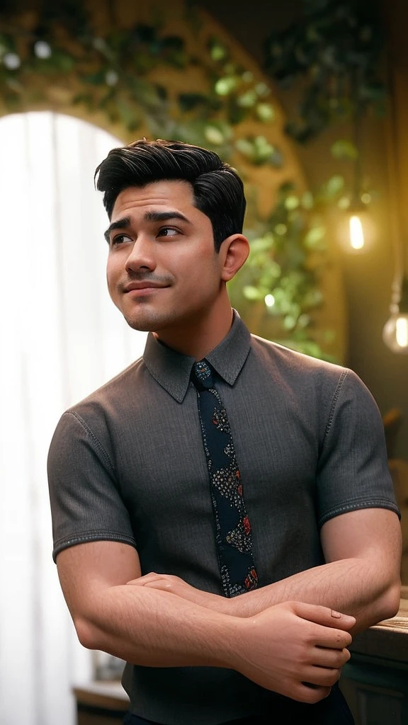 there is a man that is standing in a room with a tie, fanart, rick dai, mid shot portrait, very handsome, good looking face, wearing a shirt with a tie, promo still, inspired by Adam Dario Keel, archie andrews, handsome man, promotional still, fan art, tv show still, a handsome, looking to his side, promotional image