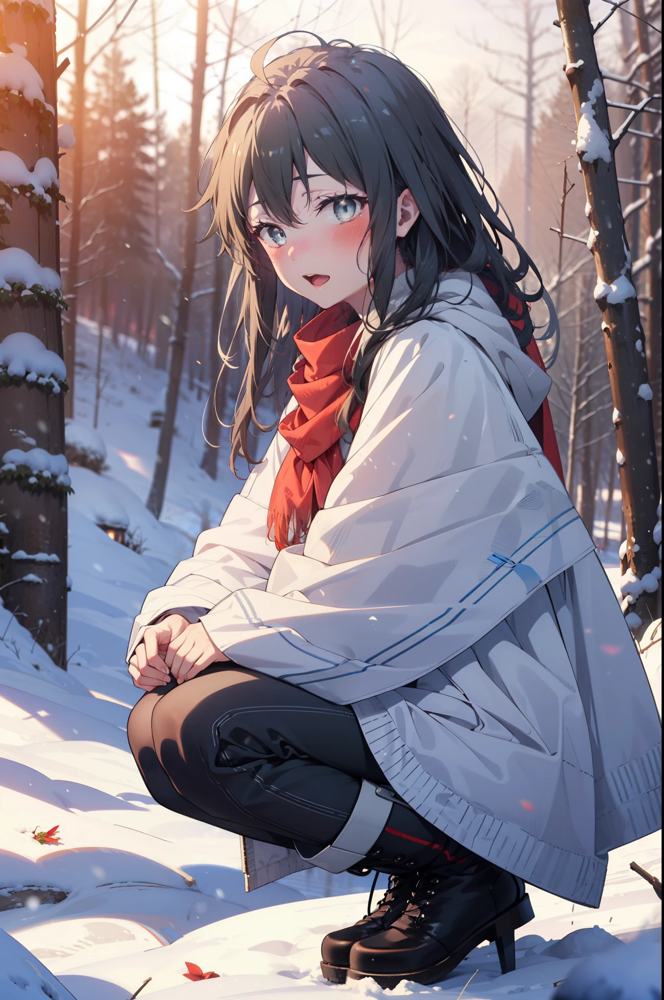 yukinoyukinoshita, yukino yukinoshita, Black Hair, blue eyes, Long Hair, Ahoge,smile,blush,White Breath,
Open your mouth,snow,Ground bonfire, Outdoor, boots, snowing, From the side, wood, suitcase, Cape, Blurred, Increase your meals, forest, White handbag, nature, Squat, Mouth closed, フードed Cape, winter, Written boundary depth, Black shoes, red Cape break looking at viewer, Upper Body, whole body, break Outdoor, forest, nature, break (masterpiece:1.2), highest quality, High resolution, unity 8k wallpaper, (shape:0.8), (Beautiful and beautiful eyes:1.6), Highly detailed face, Perfect lighting, Extremely detailed CG, (Perfect hands, Perfect Anatomy),