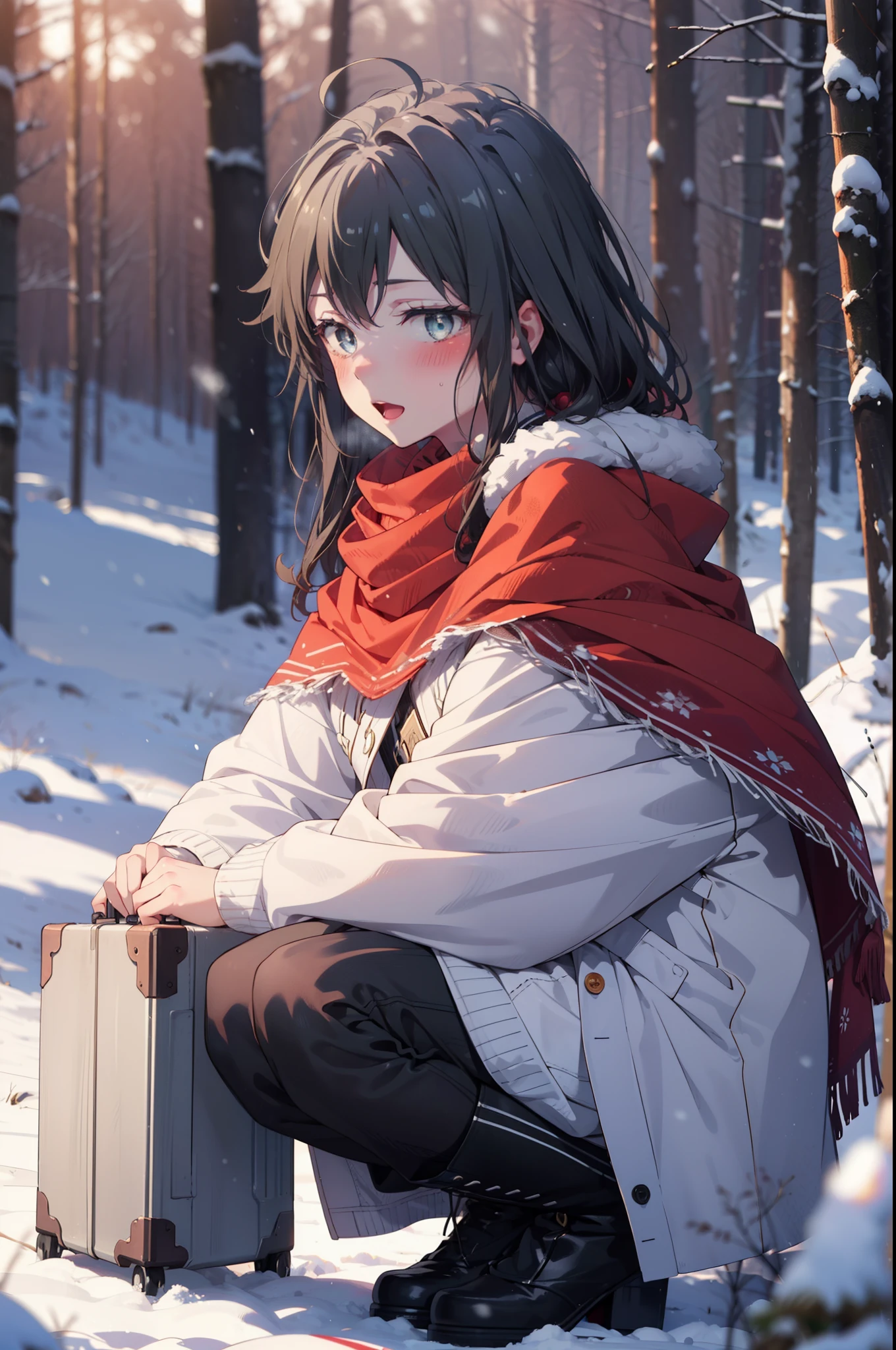yukinoyukinoshita, yukino yukinoshita, Black Hair, blue eyes, Long Hair, Ahoge,smile,blush,White Breath,
Open your mouth,snow,Ground bonfire, Outdoor, boots, snowing, From the side, wood, suitcase, Cape, Blurred, Increase your meals, forest, White handbag, nature, Squat, Mouth closed, フードed Cape, winter, Written boundary depth, Black shoes, red Cape break looking at viewer, Upper Body, whole body, break Outdoor, forest, nature, break (masterpiece:1.2), highest quality, High resolution, unity 8k wallpaper, (shape:0.8), (Beautiful and beautiful eyes:1.6), Highly detailed face, Perfect lighting, Extremely detailed CG, (Perfect hands, Perfect Anatomy),