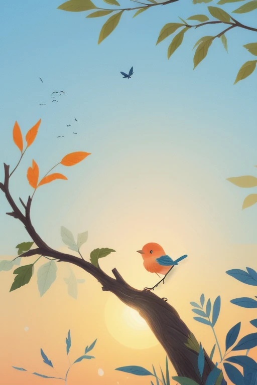 In the landscape where the morning sun rises、A small bird chirping on a branch。In the background is a blue sky and a faint orange sunrise.。