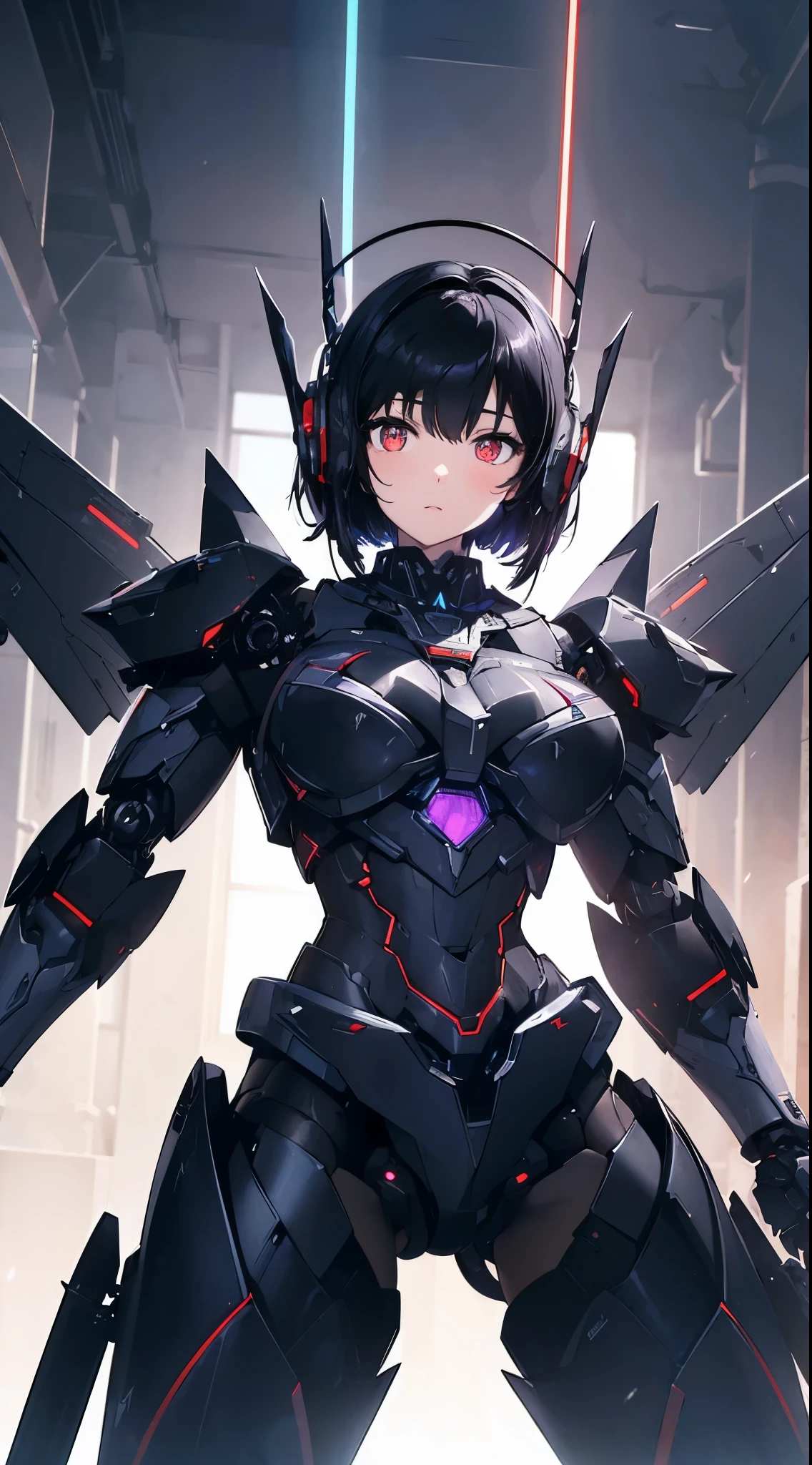 Machine eyes glowing red、Expressionless