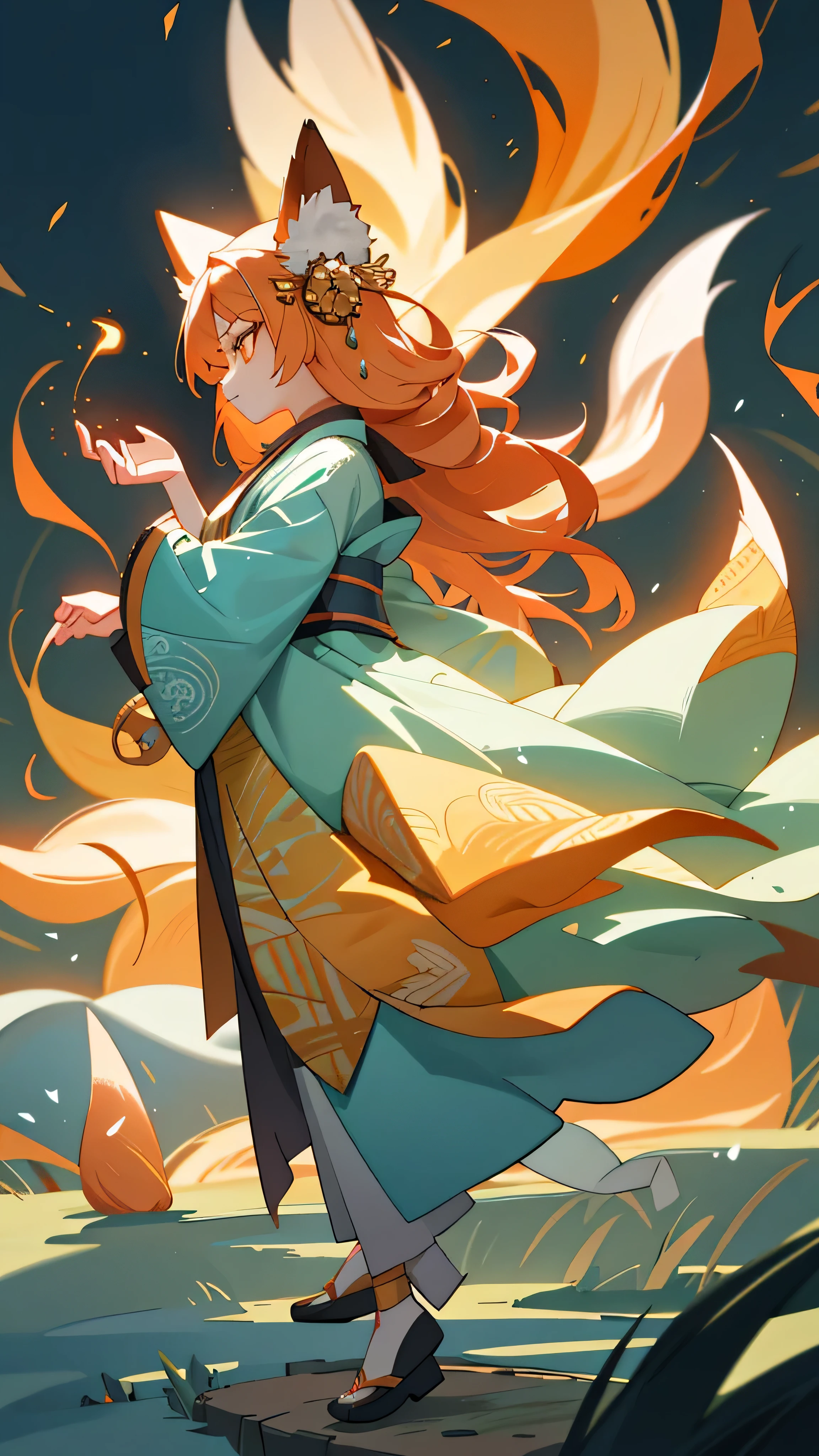 An enchanting Kitsune witch stands alone, illuminated in a 8k ultra-detailed masterpiece. A solidarity that embodies unity, she is depicted in a beautiful and aesthetic setting, the embodiment of a masterpiece in its best quality.
She wears a traditional haori jacket, adorned with intricate patterns that shimmer under the mystical foxfire spell. The fox mask, a signature of her enchanting identity, lies upon her shoulders, its fur glistening with the soft hues of twilight.
Her transformation is shown in a side profile, her slender form accentuated by the raised position, as she conjures her fox familiar