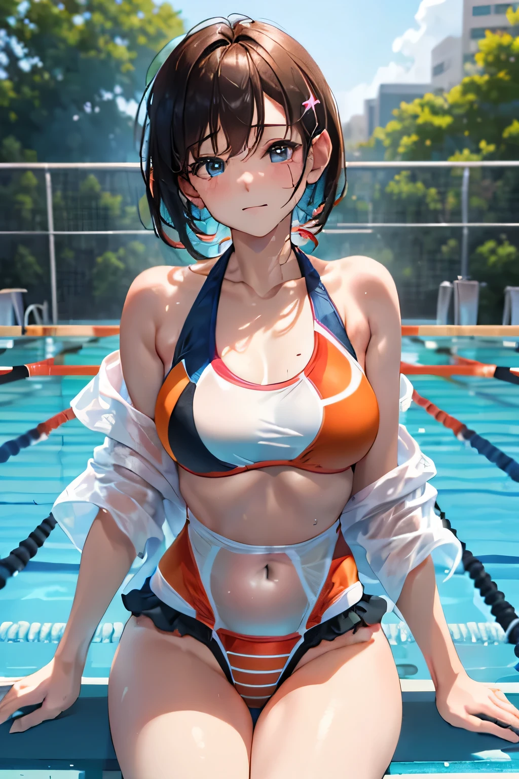 (((Stand on the 5m diving board in a competitive pool:1.3))),((Competition Swimwear:1.7)),Crying face,tears,Cute Face,Extreme close up of face,Shiny light brown and orange striped short hair,Perfect round face,iris,(hairpin、Floating Hair、),Big Breasts.Professional Lighting,Cinematic Light,(Tabletop,highest quality,Ultra-high resolution output images,) ,(8K quality),(Picture Mode Ultra HD),
