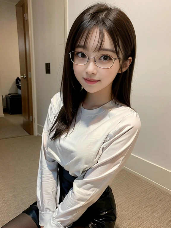 a cute woman, beautiful detailed eyes, arms up,upper body, beautiful detailed lips, extremely detailed eyes and face, long eyelashes, slender body, thin face, delicate features, flawless porcelain skin, glistening sweat, ultra-fine fingers, best ratio four finger and one thumb, realistic, oversized T-shirt, mini skirt, one-person viewpoint, Fuji Film, F/1.2, 8K, masterpiece, nffsw, super detail, high quality, best quality, high resolution, glasses, mole under right eye,