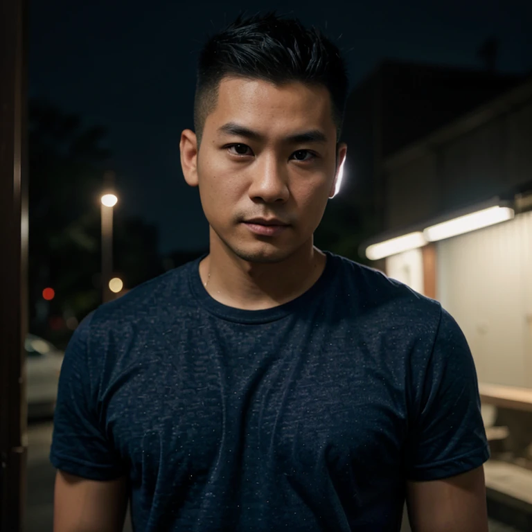 Young Asian man, 35 years old, Mohawk hair is cut short and neat.,) , Looking straight at you intently, alone, At night, The night sky is bright and the light is warm.,) wide aperture, professional lighting, Sony A7R4, 50mm sessile lens., ,(dark blue t-shirt,)  Warm light, shot with a high quality camera 45,000,000,000,Pixels, realistic light colors,