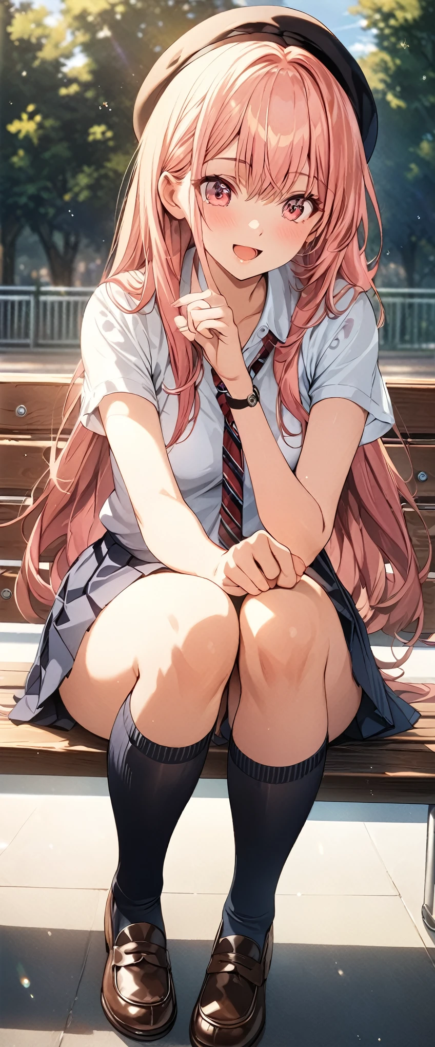 (masterpiece, best_quality), extremely detailed CG unity 8k wallpaper, super fine illustration, (anime_style), Woman posing for a photo, A shy smile, Small open mouth, Long Hair, Straight hair, Fine skin, Beautiful Hands, Beautiful fingers, Wearing a beret, tie, Small breasts, Short sleeve blouse, Pleated skirt, Thighs, Absolute area, Knee socks, loafers, Daytime, Hot summer day, School, Schoolyard, Sitting on a bench, holding Canned juice, Natural light, Detailed face:1.2, Sharp focus, Hasselblad Photos, masterpiece, light makeup, Cinematic lighting, 4k, sharpness, Anime Style, whole body, Canned juice, BREAK looking at another, perfect anatomy, perfect body, (perfect arms), (perfect hands, perfect fingers), perfect legs, perfect feet, perfect toes, 5_fingers, (4_fingers,1_thumbs),