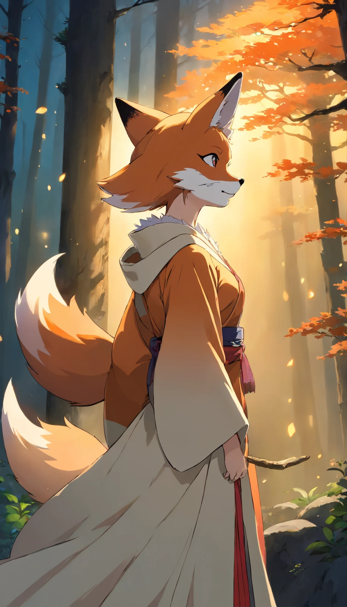 An enchanting fox witch stands alone、Illuminated by an 8K ultra-detailed masterpiece。She has a sense of solidarity that embodies unity.、It is depicted in a beautiful and aesthetic setting.、It embodies a masterpiece with the highest quality。 She is wearing a traditional haori jacket.、Decorated with intricate patterns that shimmer under the spell of mystical foxfire。A fox mask, a symbol of her glamorous identity, hangs from her shoulder.、Its fur shines with the soft hues of the evening sun.。 Her transformation is shown in profile.、Her slender figure is accentuated by her uplifted posture.、She conjures up a fox familiar