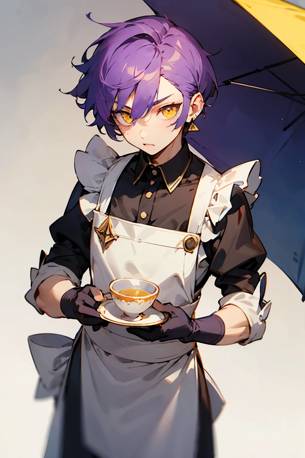 male, purple hair, short hair, yellow eyes, Square pupils, triangle earrings, Android, offering tea, maid outfit