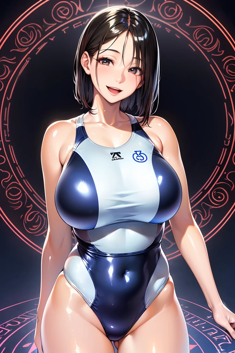 (nsfw:1.2), (A high resolution, masterpiece, Best Quality, High resolution:1.8), (Photorealistic:1.5), (40 yo woman:1.8), (Dim light), (Light on the Face:0.5), (Detailed face, detailed hairs, Detailed skin, (shiny eyes:1.5)), (Cowboy Shot:1.8), (gigantic breast), (slender), ((Squint and smile wide:1.3), (Smile:1.6), (Opened mouth:1.3)), (Looking straight:1.8), (standing), (Shiny skin, high gloss skin:1.8), (competition swim suit:1.5), (gleaming skin:1.6), (Standing in the magic circle:1.5),