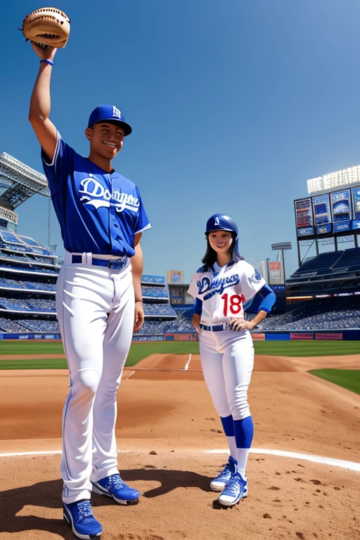 Dodgers Stadium in the background、
Smiling female model、Dodgers uniform player back number 18、Age 20、
YAMAMOTO、18 Clear Images



