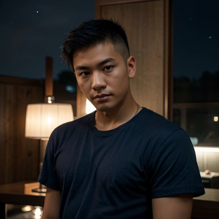 Young Asian man, 35 years old, Mohawk hair is cut short and neat.,) , Looking straight at you intently, alone, At night, night sky warm light,) wide aperture, professional lighting, Sony A7R4, 50mm sessile lens., ,(dark blue t-shirt,)  Warm light, shot with a high quality camera 45,000,000,000,Pixels, realistic light colors,