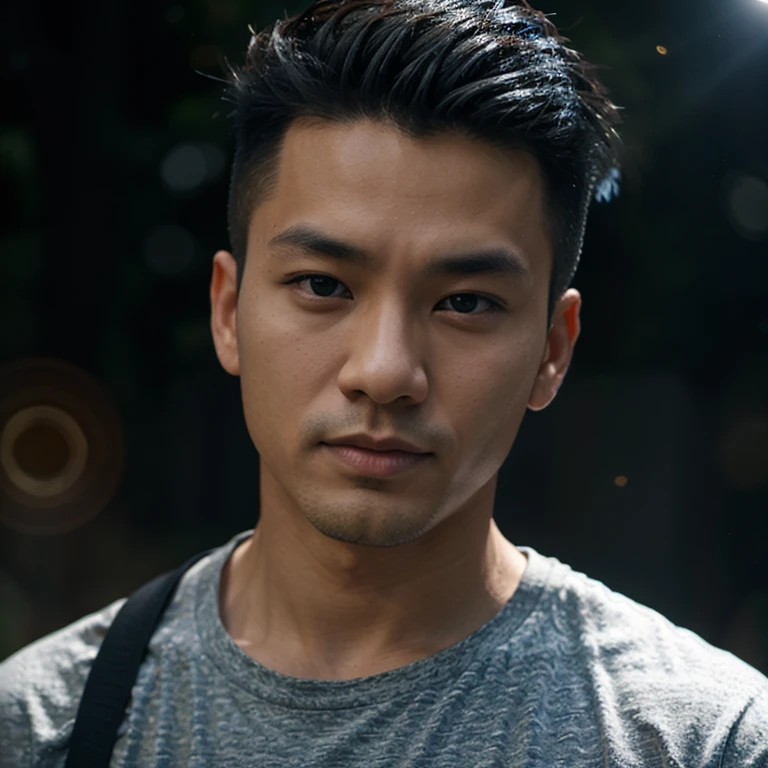 Young Asian man, 35 years old, Mohawk hair is cut short and neat.,) , Looking straight at you intently, alone, At night, night sky warm light,) wide aperture, professional lighting, Sony A7R4, 50mm sessile lens., ,(dark blue t-shirt,) Warm light, shot with a high quality camera 45,000,000,000,Pixels, realistic light colors,