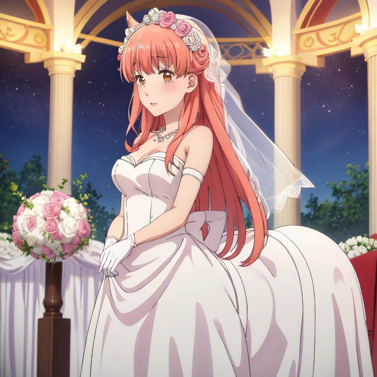 centaur, ((masterpiece, best quality, high quality, high resolution)):1.2,
office, looking at the audience, sitting, 
Narumi,  Close-up of beautiful bride wearing beautiful wedding dress,Gurwitz,(bridal veil:1.5），（Transparent short veil：1.5），Blushing face，Head flower，headgear，（tube top wedding dress：1.5），（Silk dress：1.2）,（Strapless wedding dress：1.5）,pure white dress，necklace，earrings，(large breasts:1.3)，Deep V peach heart collar wedding dress，Bangs，lipstick，（lace gloves：1.3）,whole body照,High detail RAW color art,Long white dress，whole body，Place your hands behind your back，