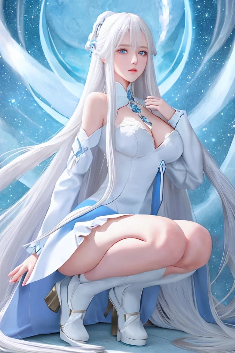 white girl, sparkling blue eyes, very long straight white hair with a fringe that covers the forehead, perfect body, 1.50 tall, 50kg, Japanese, wearing a white dress swirled to the knees and wearing a white high heels, white thigh socks, and ice sword from genshin Impact