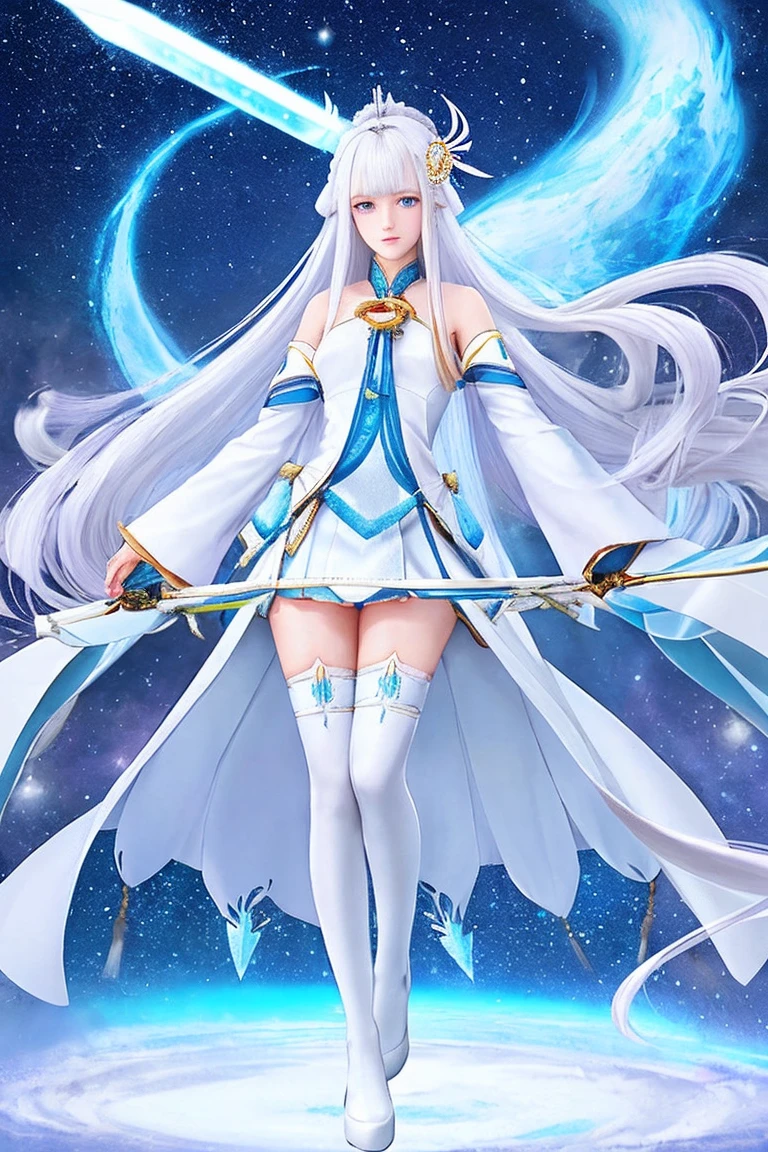 white girl, sparkling blue eyes, very long straight white hair with a fringe that covers the forehead, perfect body, 1.50 tall, 50kg, Japanese, wearing a white dress swirled to the knees and wearing a white high heels, white thigh socks, and ice sword from genshin Impact 