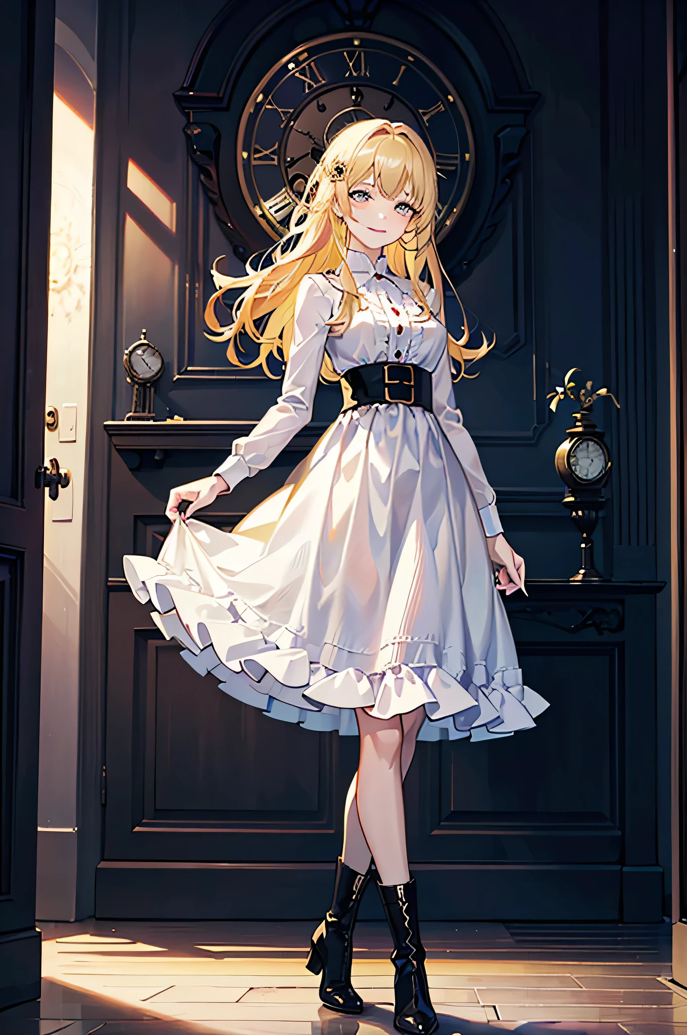 (Official art、Best Quality、Unity 8k Wallpapers、32K、masterpiece、ultra-detailliert、超A high resolution、realisitic、Photorealsitic:1.2)、Detailed beautiful face and eyes、Sharp pupils、Realistic pupils、A slender、1Man Woman、Medium bust、(Full body:1.2)、 Highly detailed background、beauitful face、-yeld beiful girl、(super detailed skin、detailed skin textures:1.3)、(Half Blonde、Colorful hair:1.3)、Blunt bangs、green colored eyeagical girl costume、white shirt、Costumes with frills、frills skirt、knee sox、(thighs thighs thighs thighs:0.8)、Black boots、(inside of clock tower:1.4)、(front:1.3)、Fantastical、evil smile、she opened the door,dark room,inside,clock tower,come and walk,night,