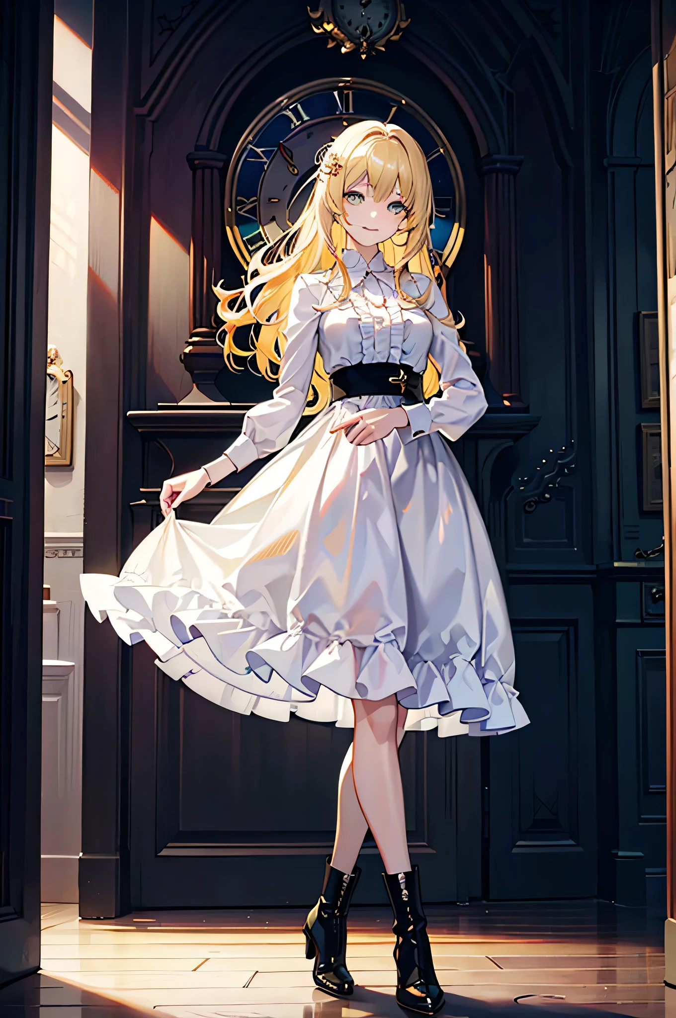 (Official art、Best Quality、Unity 8k Wallpapers、32K、​masterpiece、ultra-detailliert、超A high resolution、realisitic、Photorealsitic:1.2)、Detailed beautiful face and eyes、Sharp pupils、Realistic pupils、A slender、１Man Woman、Medium bust、(Full body:1.2)、 Highly detailed background、beauitful face、16-year-old beautiful girl、(super detailed skin、detailed skin textures:1.3)、(Half Blonde、Colorful hair:1.3)、Blunt bangs、green colored eyeagical girl costume、white  shirt、Costumes with frills、frills skirt、knee sox、(thighs thighs thighs thighs:0.8)、Black boots、(inside of clock tower:1.4)、(front:1.3)、Fantastical、evil smile、she opened the door,dark room,inside,clock tower,come and walk,night,