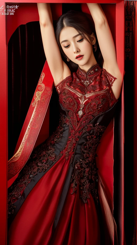 (highest quality), Realistic, (live-action, Intricate details, Depth of written boundary), Very detailed,Detailed skin, (((Gorgeous dark red dress:1.2, length, No sleeve, race))), (((Small box:1.4))), (Beautiful face, Lips parted, I'm looking forward to, akina-nakamori), (Japanese female college student standing in a large church, Open Stance), (Long Blonde Hair:1.2, One-length hairstyles), Fair skin, Stained glass, light shines in from the ceiling, Backlight, Low angle shot:1.2, Full Body Shot