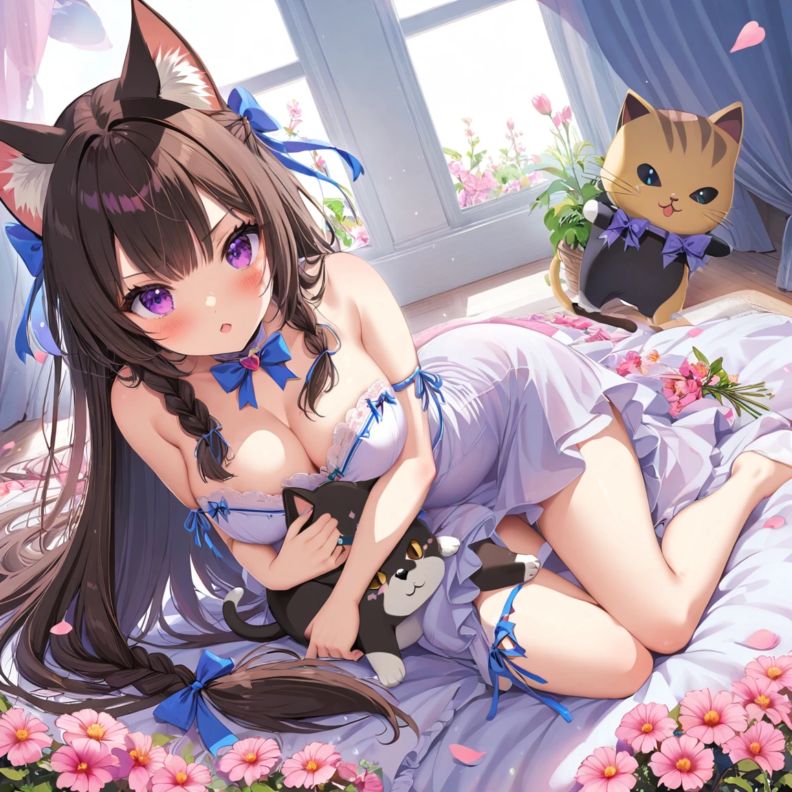 One girl, naked, Animal ears, Purple eyes, Brown Hair, wing, alone, Long Hair, blush, Cat耳, Flowers, View Viewer, Braid, bow, dress, pink Flowers, bow, hair accessory, bangs, Cat, Hair Flowers, Animal ears毛, Holding, Virtual YouTuber, Blue ribbon, Holding animal, Catwoman, stuffed toy